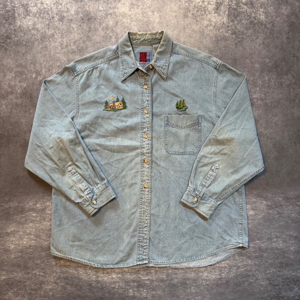 Vtg Sun Belt Denim Shirt Mens XL Embroidered Cabin Nature Scene Light Wash